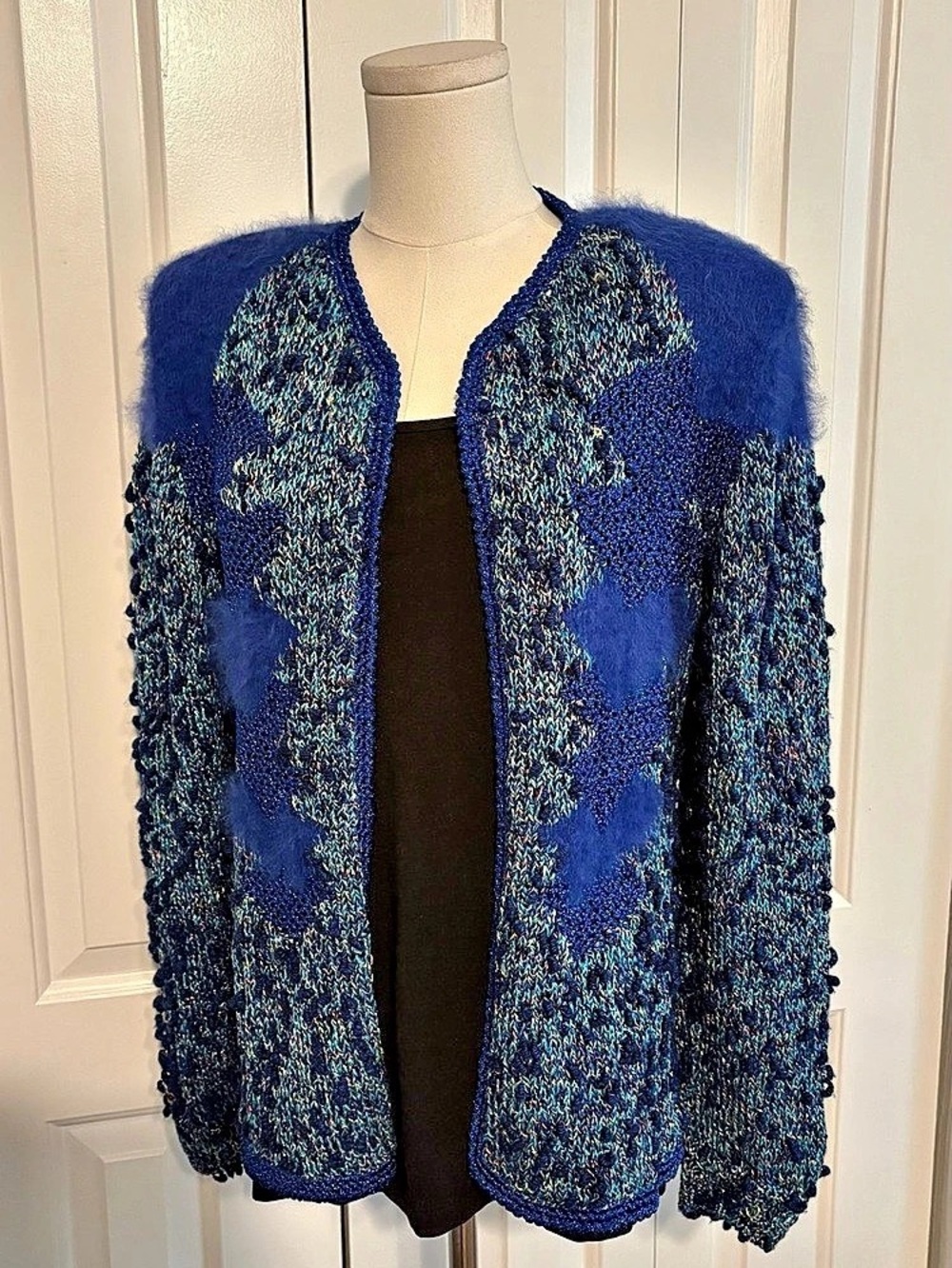 Vintage  80’s FILATURA DI CROSA Textured Open Front Cardigan in Blue & Green